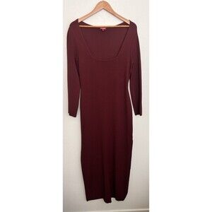 STAUD Burgundy Ribbed Knit Maxi Dress Long Sleeve Square Neck Side Slit Bodycon